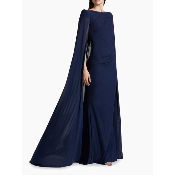 Talbot Runhof Cape Effect Gathered Tulle Gown Navy Size 34/4 $2275 - Picture 1 of 13